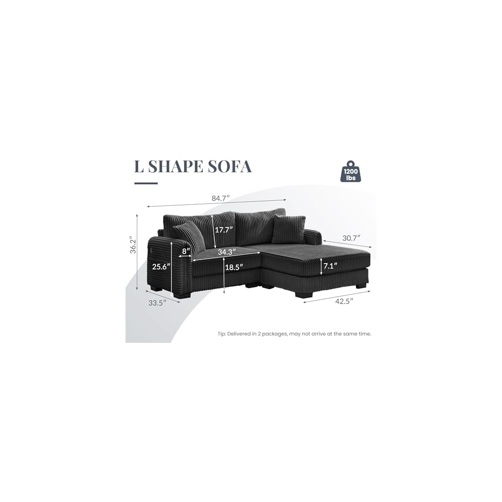 SUNWAVE 84.7" L-Shaped Sofa with Reversible Chaise Corduroy Loveseat Couch