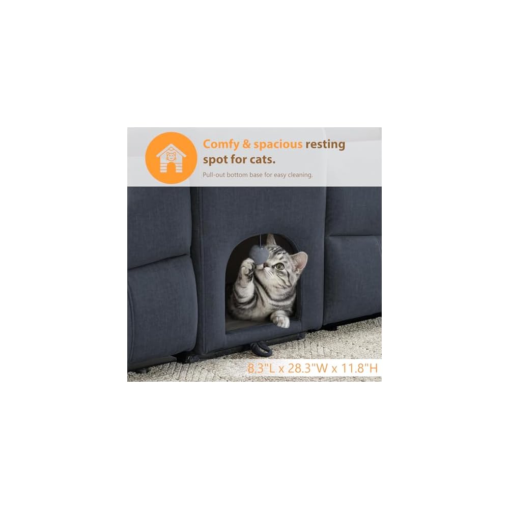 Power Reclining Loveseat with Cat Nook, 4-Point Massage, Cat-Proof Power Loveseat with Console,Tray Table, Electric Reclining Couch with Stainless Cup Holders (Gray, Loveseat with Cat Condo)