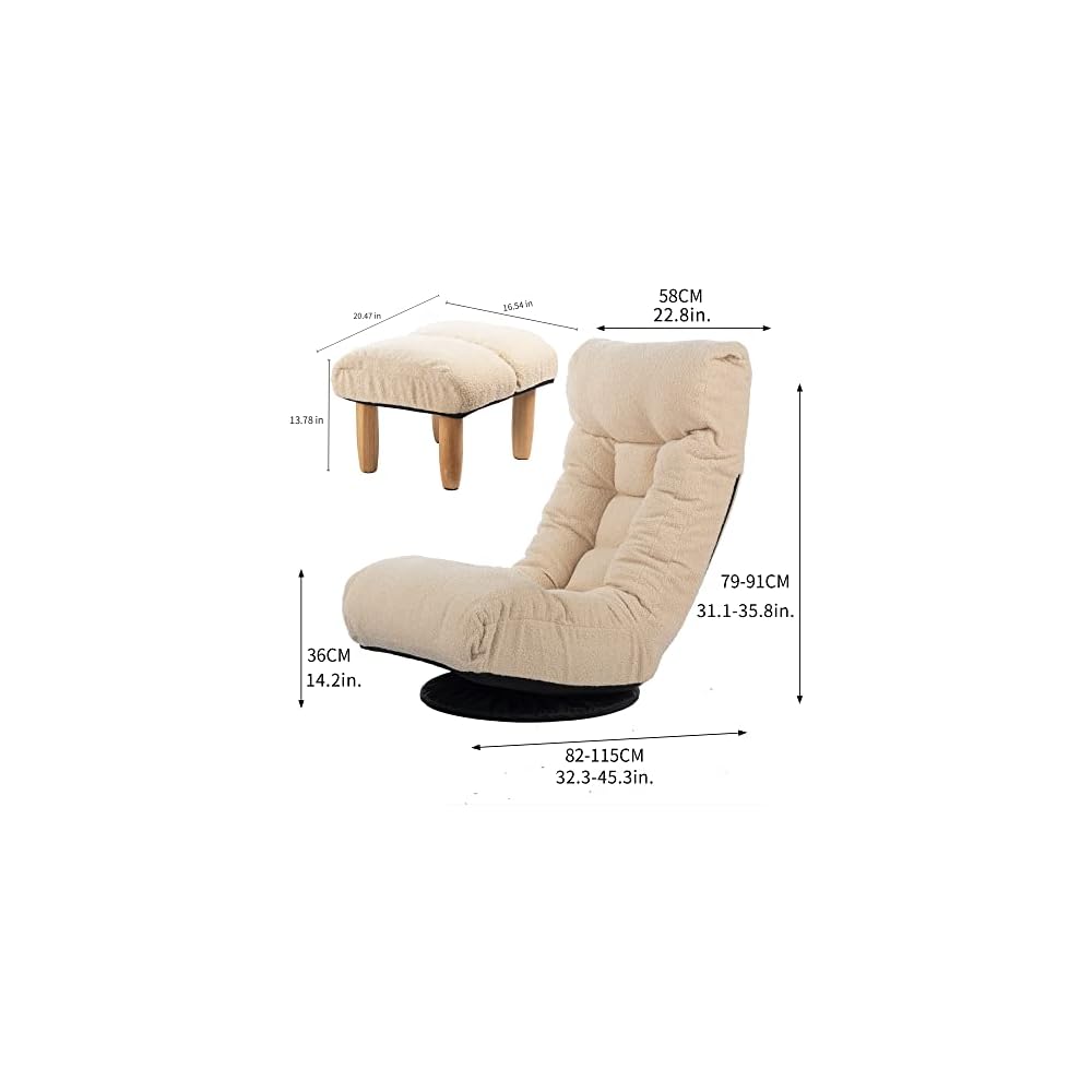 360° Swivel Floor Chair, Adjustable Folding Cotton Floor Chair with 3D Memory Foam Cushion, Ergonomic Lazy Sofa Recliner for Living Room, Bedroom, Dorm, Tatami, Cream