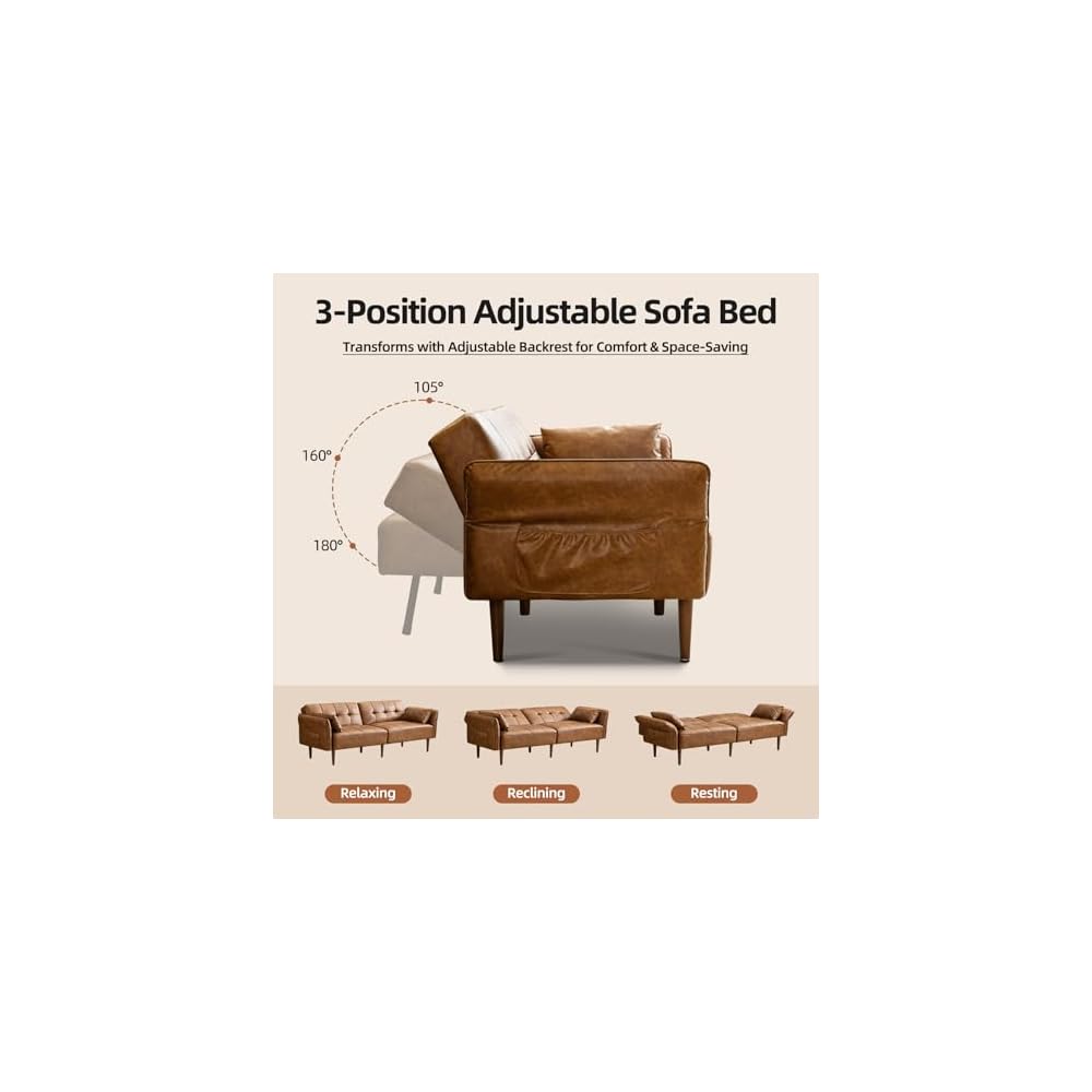 HALLYBEE 85" Futon Faux Leather Couch with Adjustable Armrests Brown
