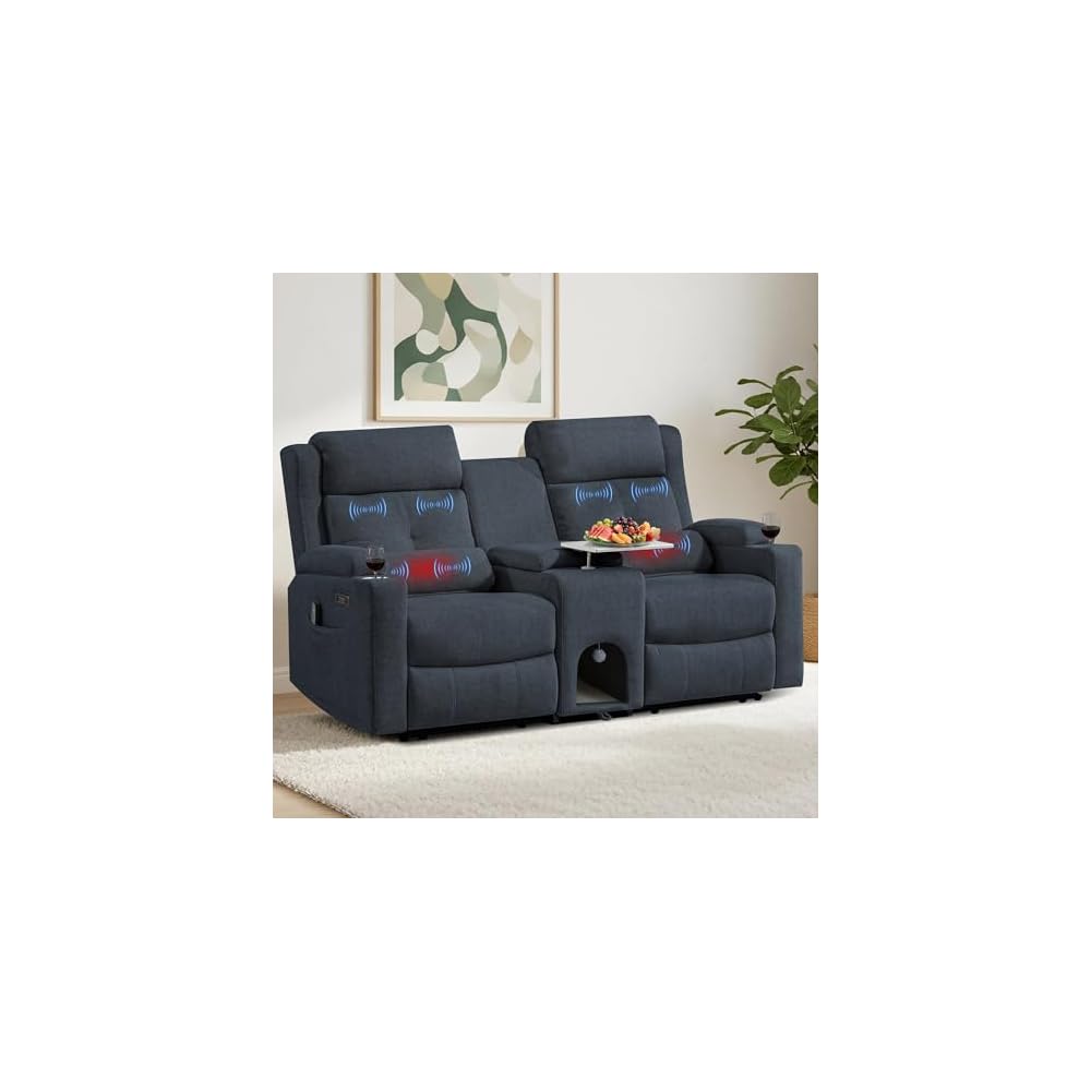 Power Reclining Loveseat with Cat Nook, 4-Point Massage, Cat-Proof Power Loveseat with Console,Tray Table, Electric Reclining Couch with Stainless Cup Holders (Gray, Loveseat with Cat Condo)