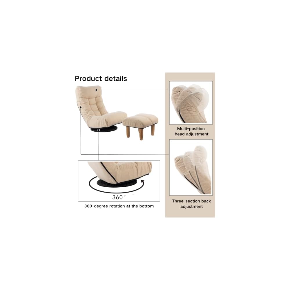 360° Swivel Floor Chair, Adjustable Folding Cotton Floor Chair with 3D Memory Foam Cushion, Ergonomic Lazy Sofa Recliner for Living Room, Bedroom, Dorm, Tatami, Cream