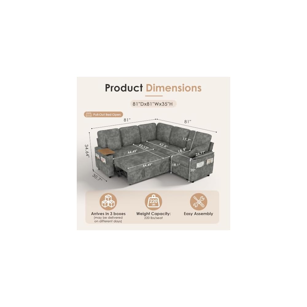Dreamzie 81'' Modular Sectional Sofa with Pull Out Bed, 5-Seater L Shaped Sleeper Sofa with Adjustable Backrest | Side Table | USB Charging Ports, Sectional Couches for Living Room(Chenille, Grey)