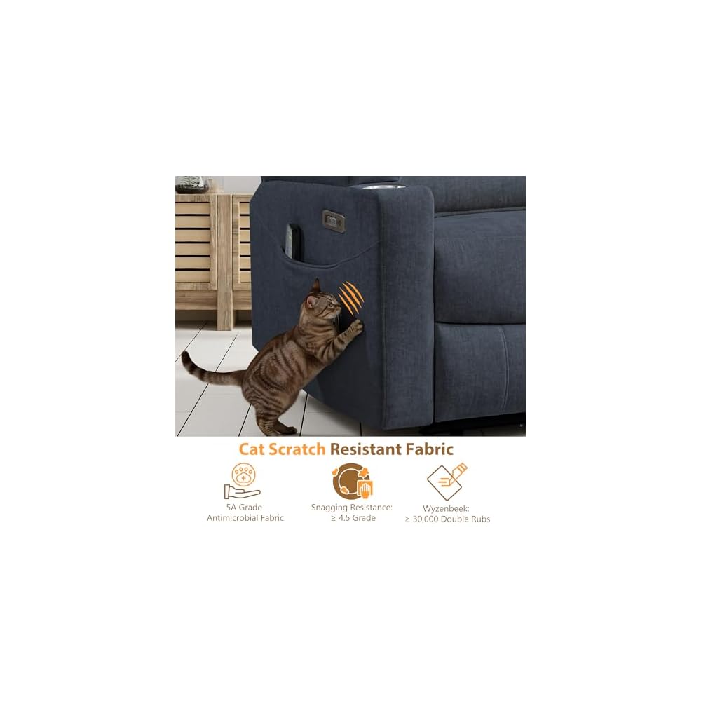 Power Reclining Loveseat with Cat Nook, 4-Point Massage, Cat-Proof Power Loveseat with Console,Tray Table, Electric Reclining Couch with Stainless Cup Holders (Gray, Loveseat with Cat Condo)