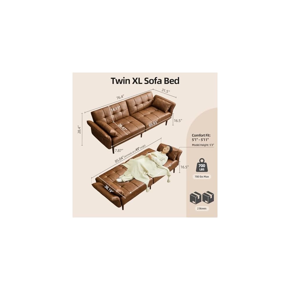 HALLYBEE 85" Futon Faux Leather Couch with Adjustable Armrests Brown