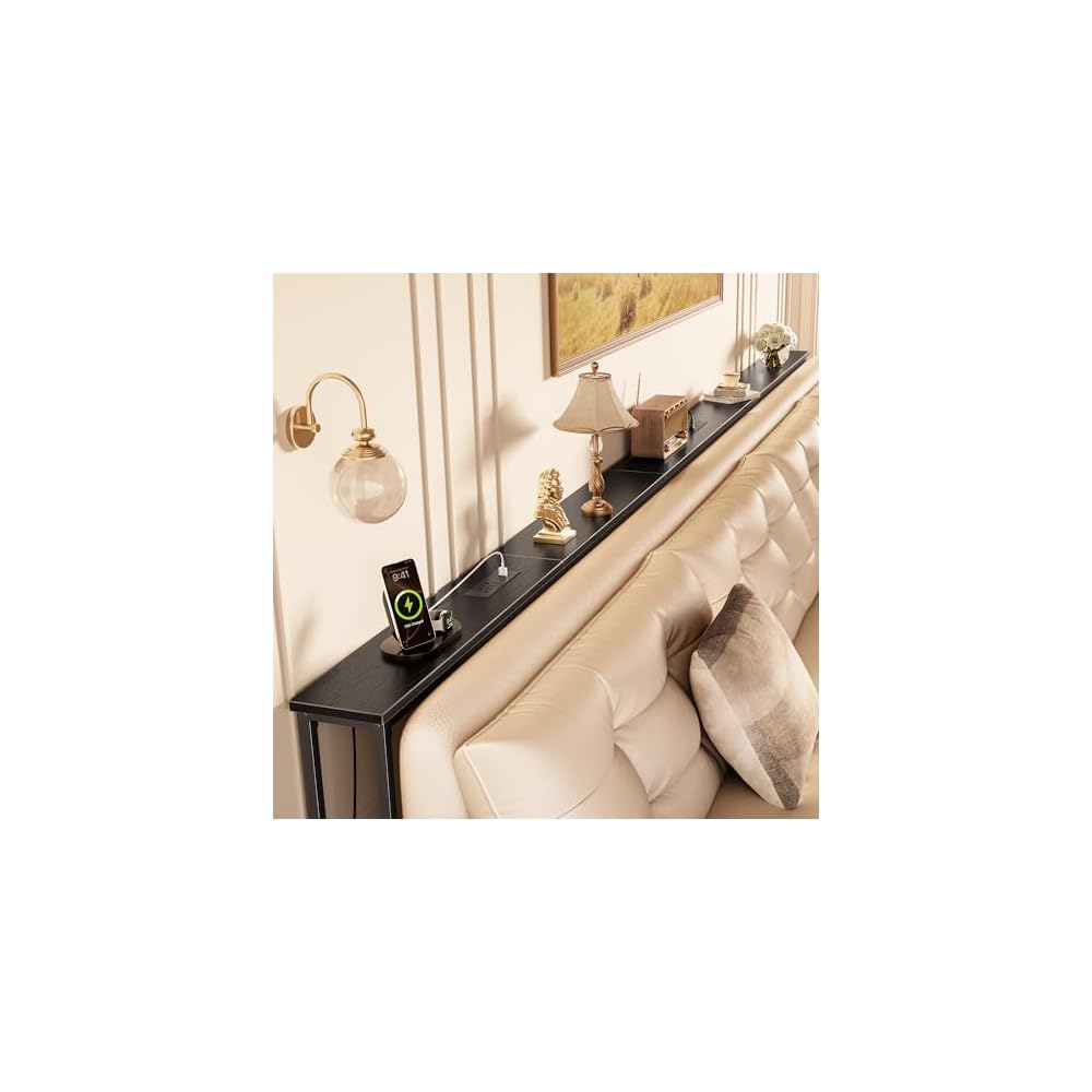Huuger 118 Inch Sofa Table with Power Outlets, Skinny Behind Couch Table