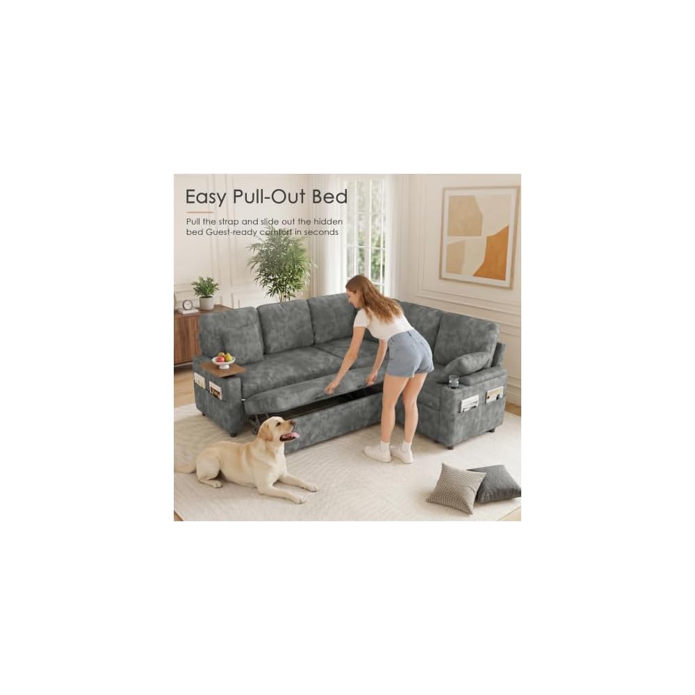 Dreamzie 81'' Modular Sectional Sofa with Pull Out Bed, 5-Seater L Shaped Sleeper Sofa with Adjustable Backrest | Side Table | USB Charging Ports, Sectional Couches for Living Room(Chenille, Grey)