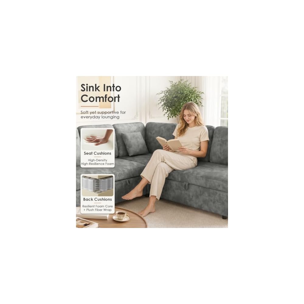 Dreamzie 81'' Modular Sectional Sofa with Pull Out Bed, 5-Seater L Shaped Sleeper Sofa with Adjustable Backrest | Side Table | USB Charging Ports, Sectional Couches for Living Room(Chenille, Grey)