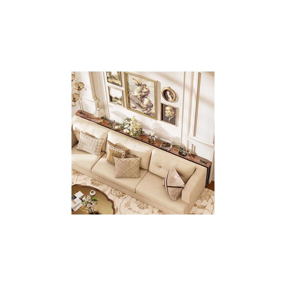 Huuger 118 Inch Sofa Table with Power Outlets, Skinny Behind Couch Table