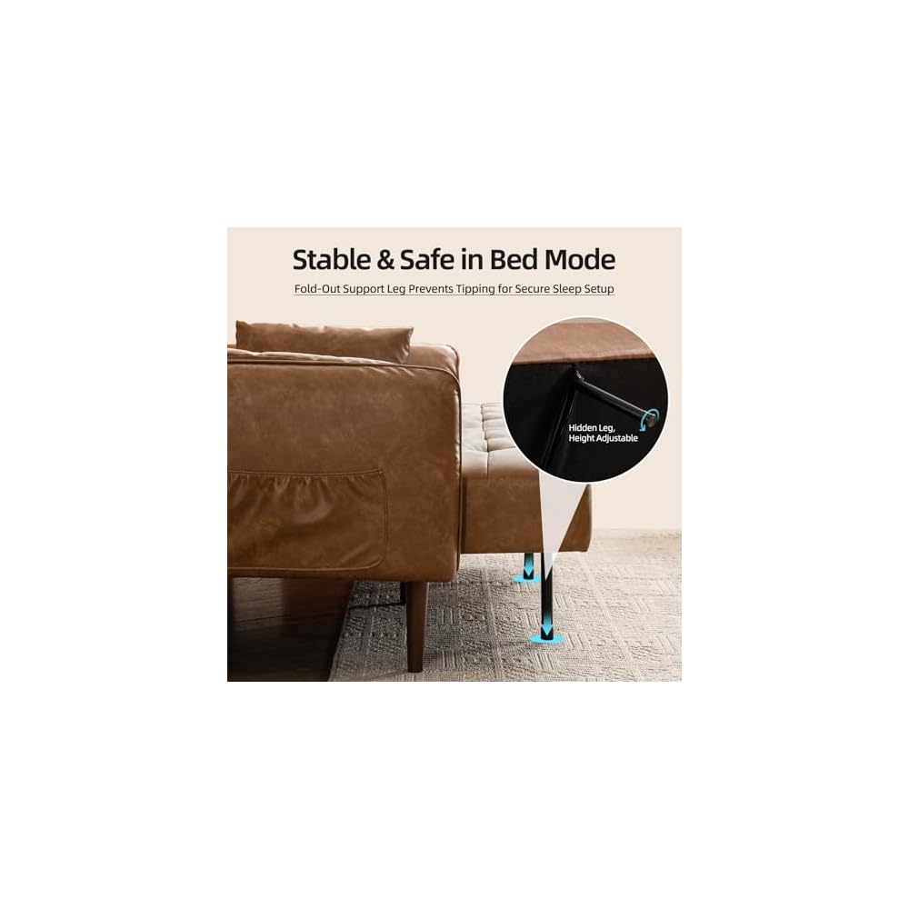 HALLYBEE 85" Futon Faux Leather Couch with Adjustable Armrests Brown