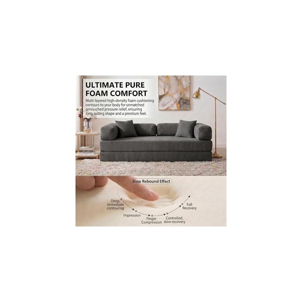 NAYA 79" Convertible Sofa Bed, 4-in-1 Corduroy Boneless Futon Couch, Folding Sleeper Sofa, No Assembly Floor Couch for Living Room, Bedroom, Apartment, Grey