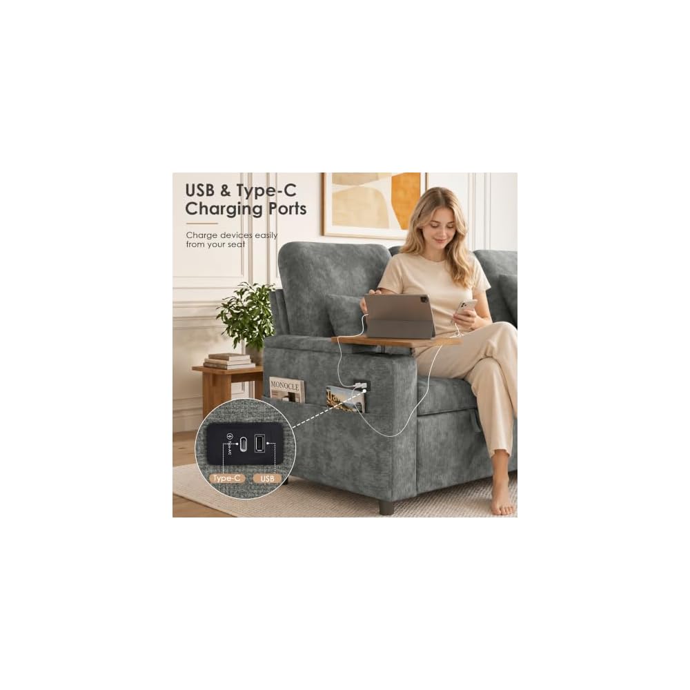 Dreamzie 81'' Modular Sectional Sofa with Pull Out Bed, 5-Seater L Shaped Sleeper Sofa with Adjustable Backrest | Side Table | USB Charging Ports, Sectional Couches for Living Room(Chenille, Grey)