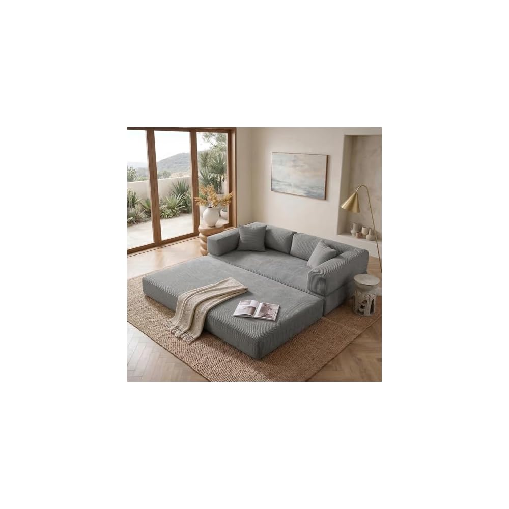 NAYA 79" Convertible Sofa Bed, 4-in-1 Corduroy Boneless Futon Couch, Folding Sleeper Sofa, No Assembly Floor Couch for Living Room, Bedroom, Apartment, Grey