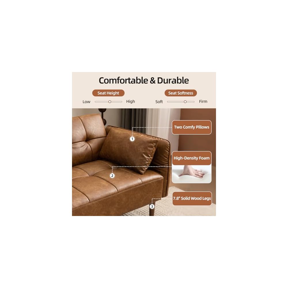 HALLYBEE 85" Futon Faux Leather Couch with Adjustable Armrests Brown