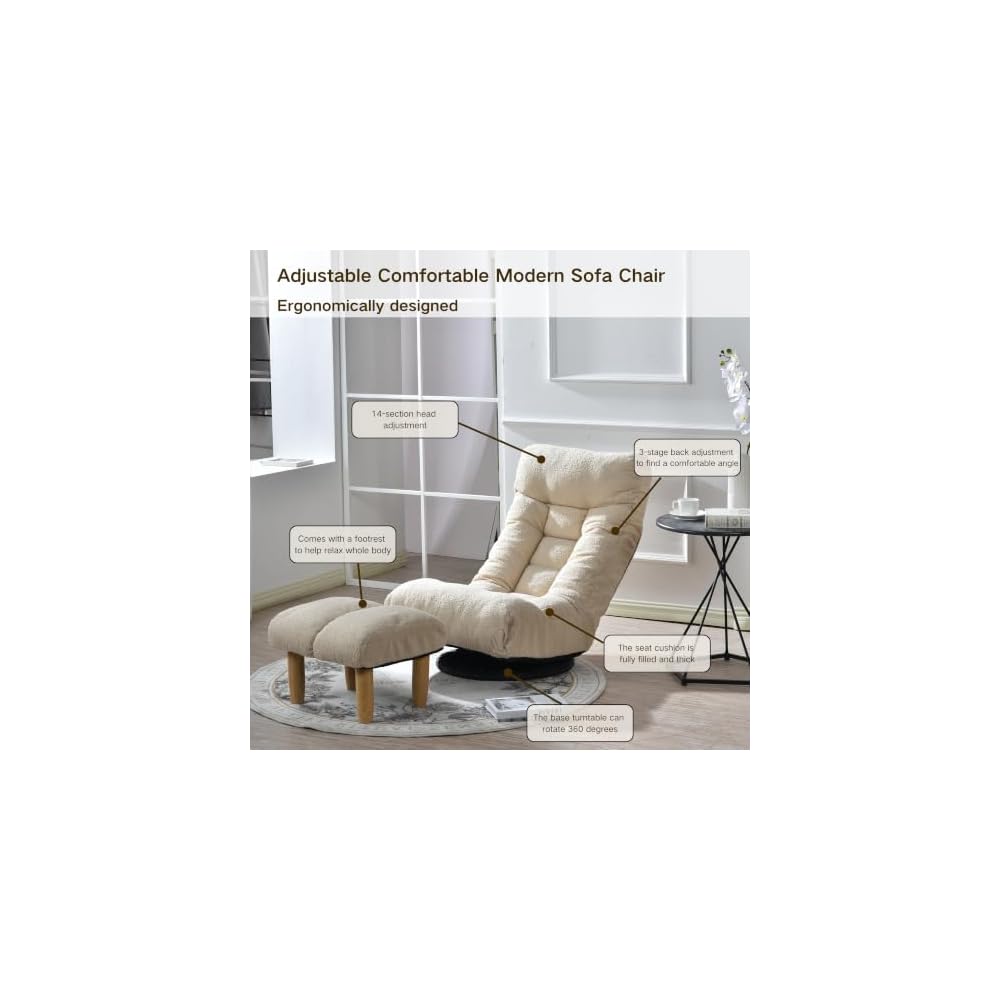 360° Swivel Floor Chair, Adjustable Folding Cotton Floor Chair with 3D Memory Foam Cushion, Ergonomic Lazy Sofa Recliner for Living Room, Bedroom, Dorm, Tatami, Cream
