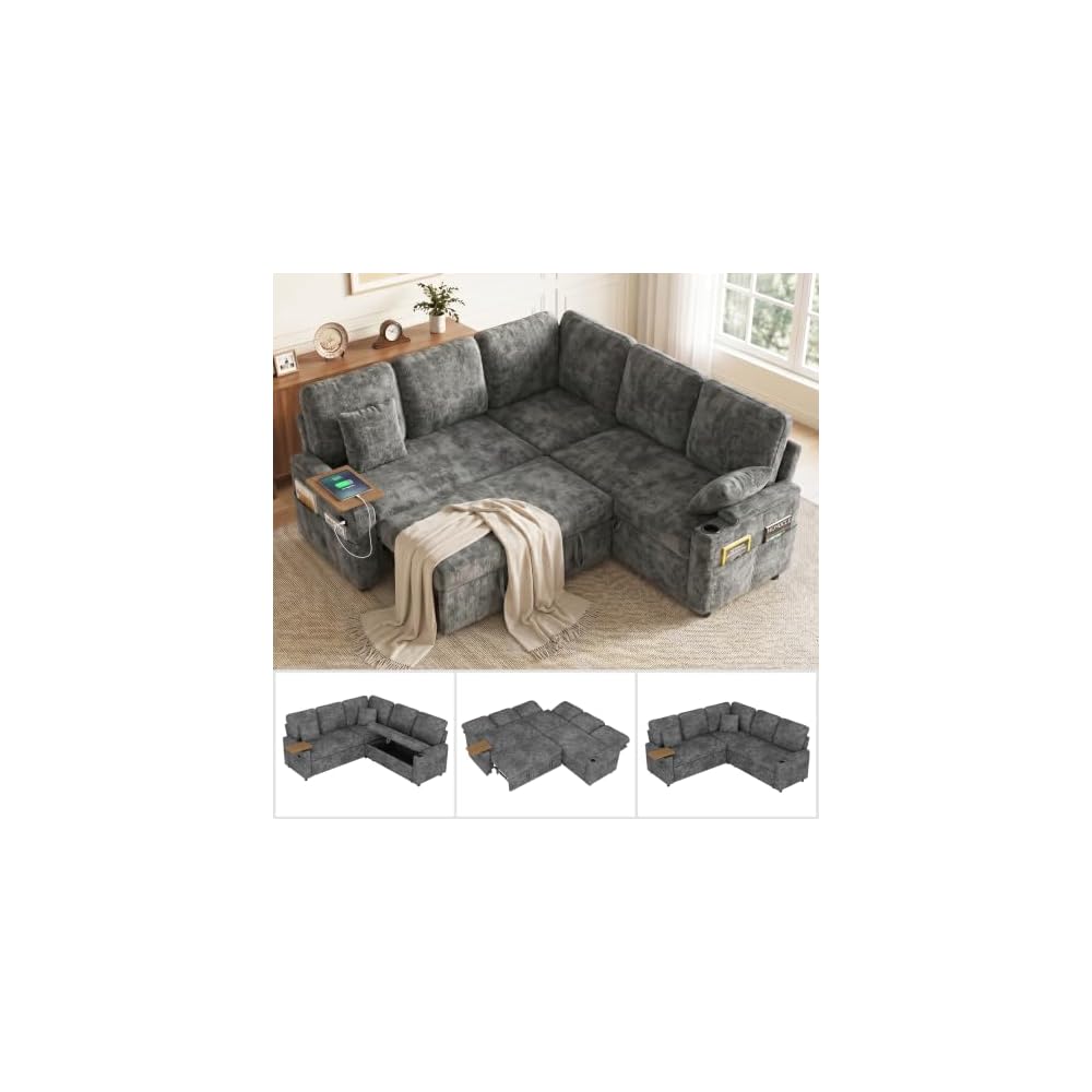 Dreamzie 81'' Modular Sectional Sofa with Pull Out Bed, 5-Seater L Shaped Sleeper Sofa with Adjustable Backrest | Side Table | USB Charging Ports, Sectional Couches for Living Room(Chenille, Grey)