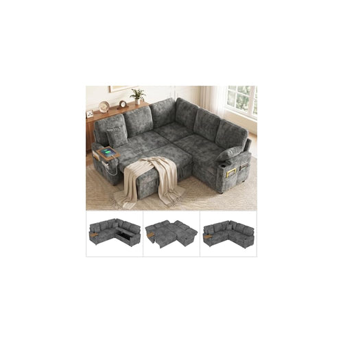 Dreamzie 81'' Modular Sectional Sofa with Pull Out Bed, 5-Seater L Shaped Sleeper Sofa with Adjustable Backrest | Side Table | USB Charging Ports, Sectional Couches for Living Room(Chenille, Grey)