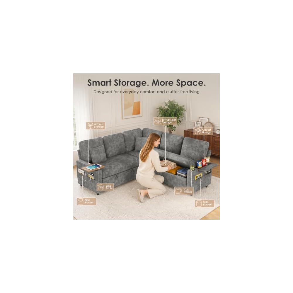 Dreamzie 81'' Modular Sectional Sofa with Pull Out Bed, 5-Seater L Shaped Sleeper Sofa with Adjustable Backrest | Side Table | USB Charging Ports, Sectional Couches for Living Room(Chenille, Grey)