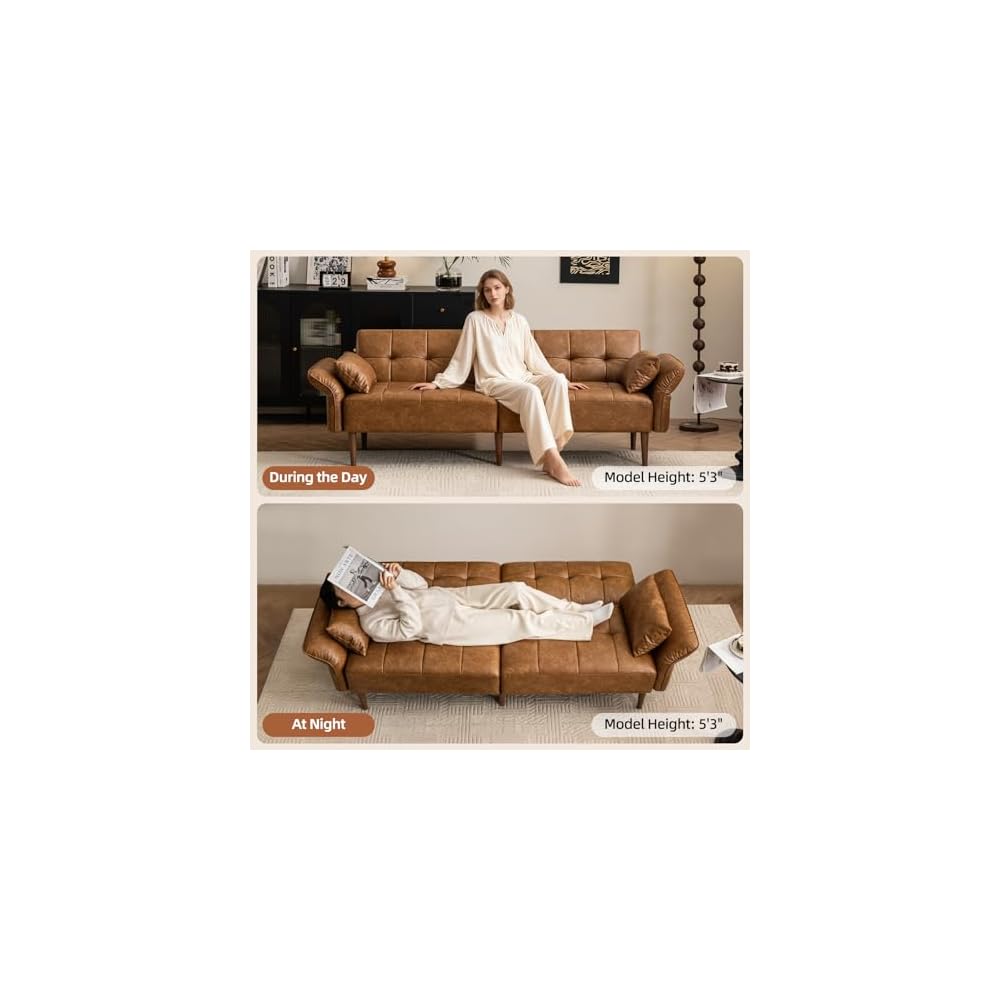 HALLYBEE 85" Futon Faux Leather Couch with Adjustable Armrests Brown