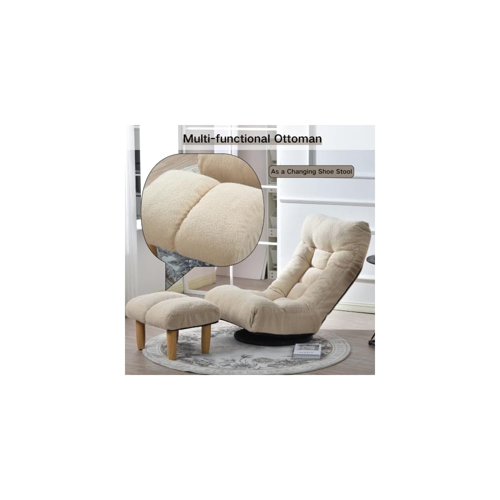 360° Swivel Floor Chair, Adjustable Folding Cotton Floor Chair with 3D Memory Foam Cushion, Ergonomic Lazy Sofa Recliner for Living Room, Bedroom, Dorm, Tatami, Cream
