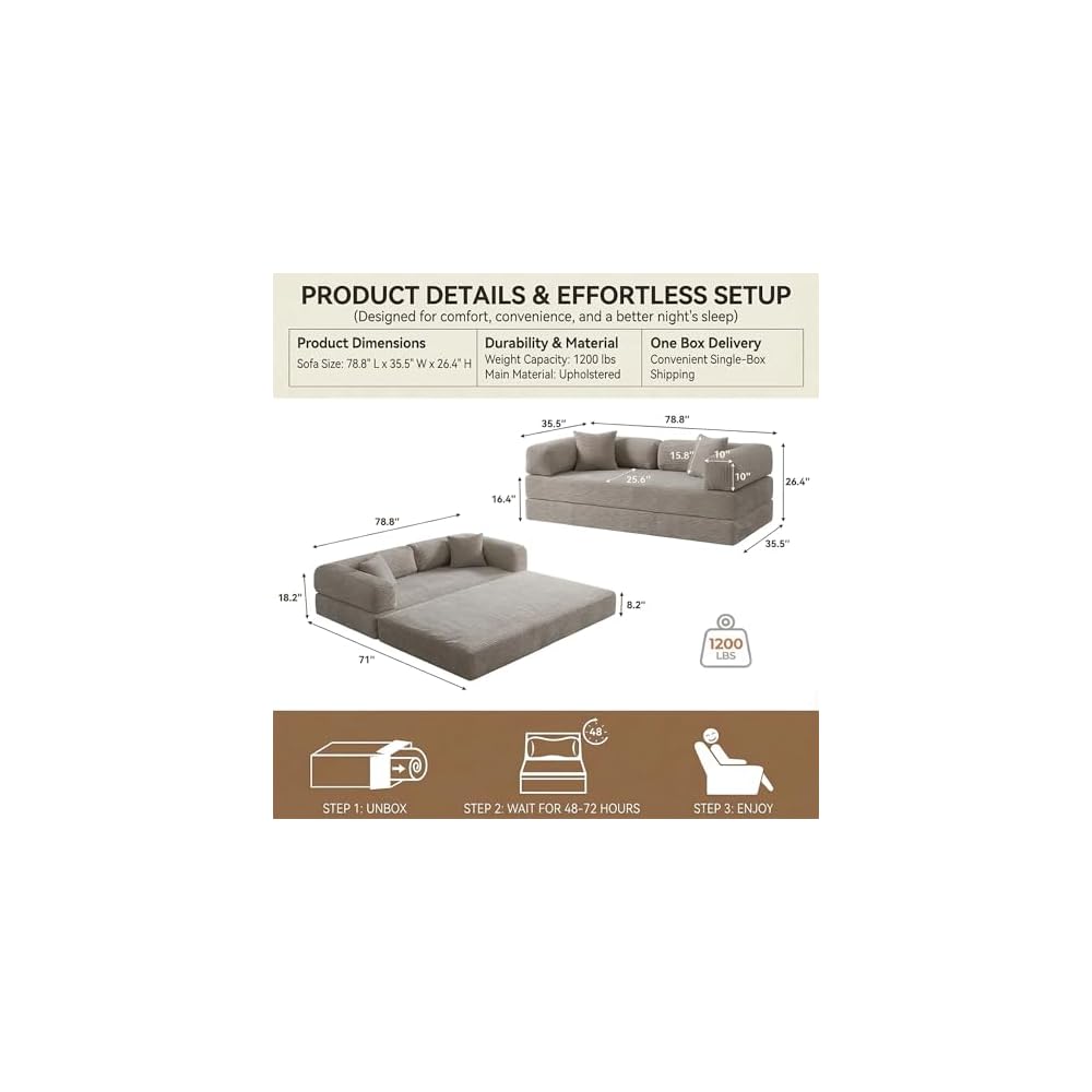 NAYA 79" Convertible Sofa Bed, 4-in-1 Corduroy Boneless Futon Couch, Folding Sleeper Sofa, No Assembly Floor Couch for Living Room, Bedroom, Apartment, Grey