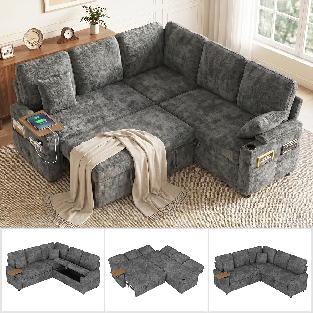 Dreamzie 81'' Modular Sectional Sofa with Pull Out Bed, 5-Seater L Shaped Sleeper Sofa with Adjustable Backrest | Side Table | USB Charging Ports, Sectional Couches for Living Room(Chenille, Grey)