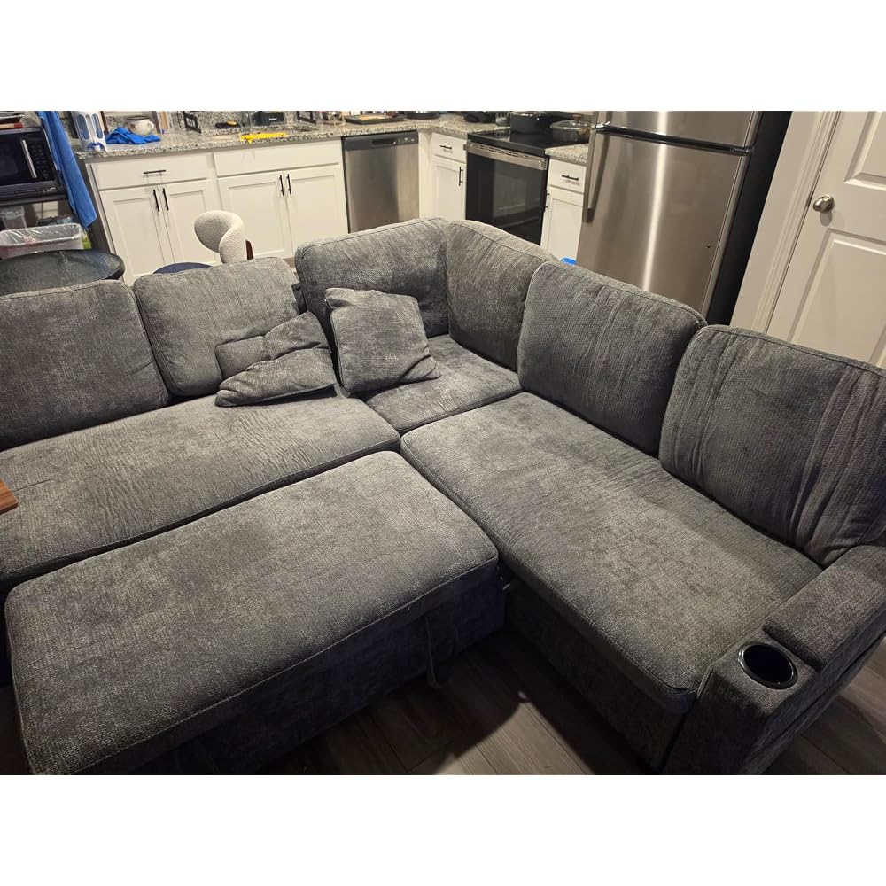 Dreamzie 81'' Modular Sectional Sofa with Pull Out Bed, 5-Seater L Shaped Sleeper Sofa with Adjustable Backrest | Side Table | USB Charging Ports, Sectional Couches for Living Room(Chenille, Grey)