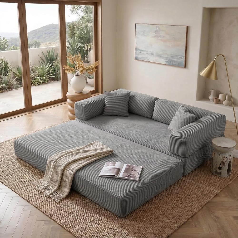 NAYA 79" Convertible Sofa Bed, 4-in-1 Corduroy Boneless Futon Couch, Folding Sleeper Sofa, No Assembly Floor Couch for Living Room, Bedroom, Apartment, Grey