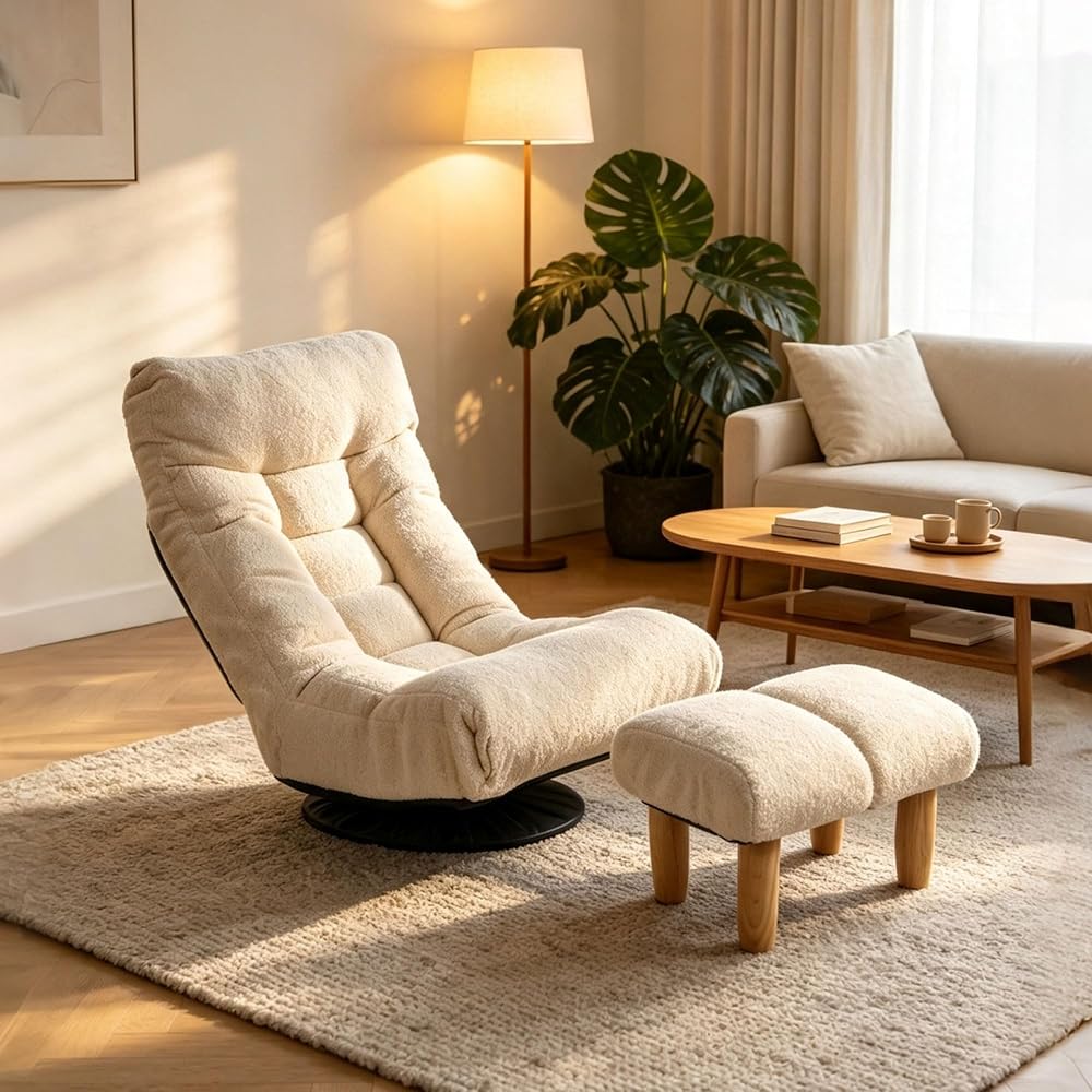 360° Swivel Floor Chair, Adjustable Folding Cotton Floor Chair with 3D Memory Foam Cushion, Ergonomic Lazy Sofa Recliner for Living Room, Bedroom, Dorm, Tatami, Cream