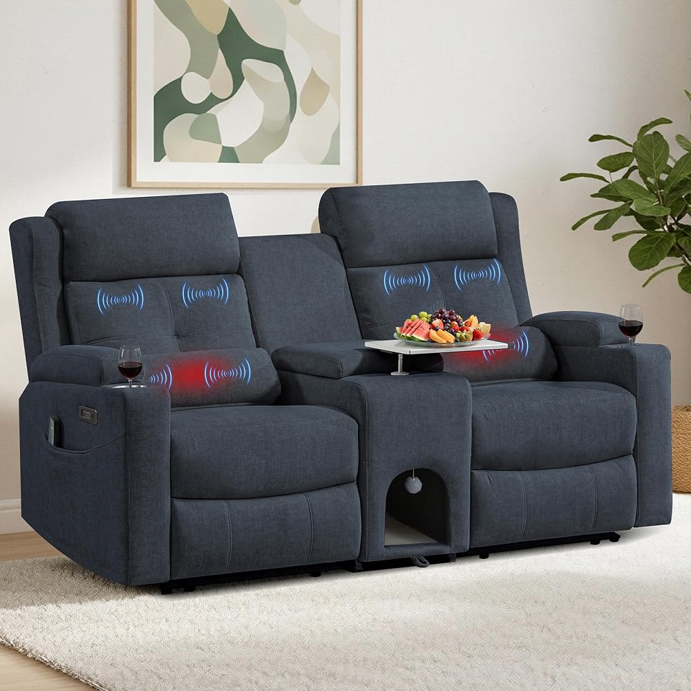 Power Reclining Loveseat with Cat Nook, 4-Point Massage, Cat-Proof Power Loveseat with Console,Tray Table, Electric Reclining Couch with Stainless Cup Holders (Gray, Loveseat with Cat Condo)