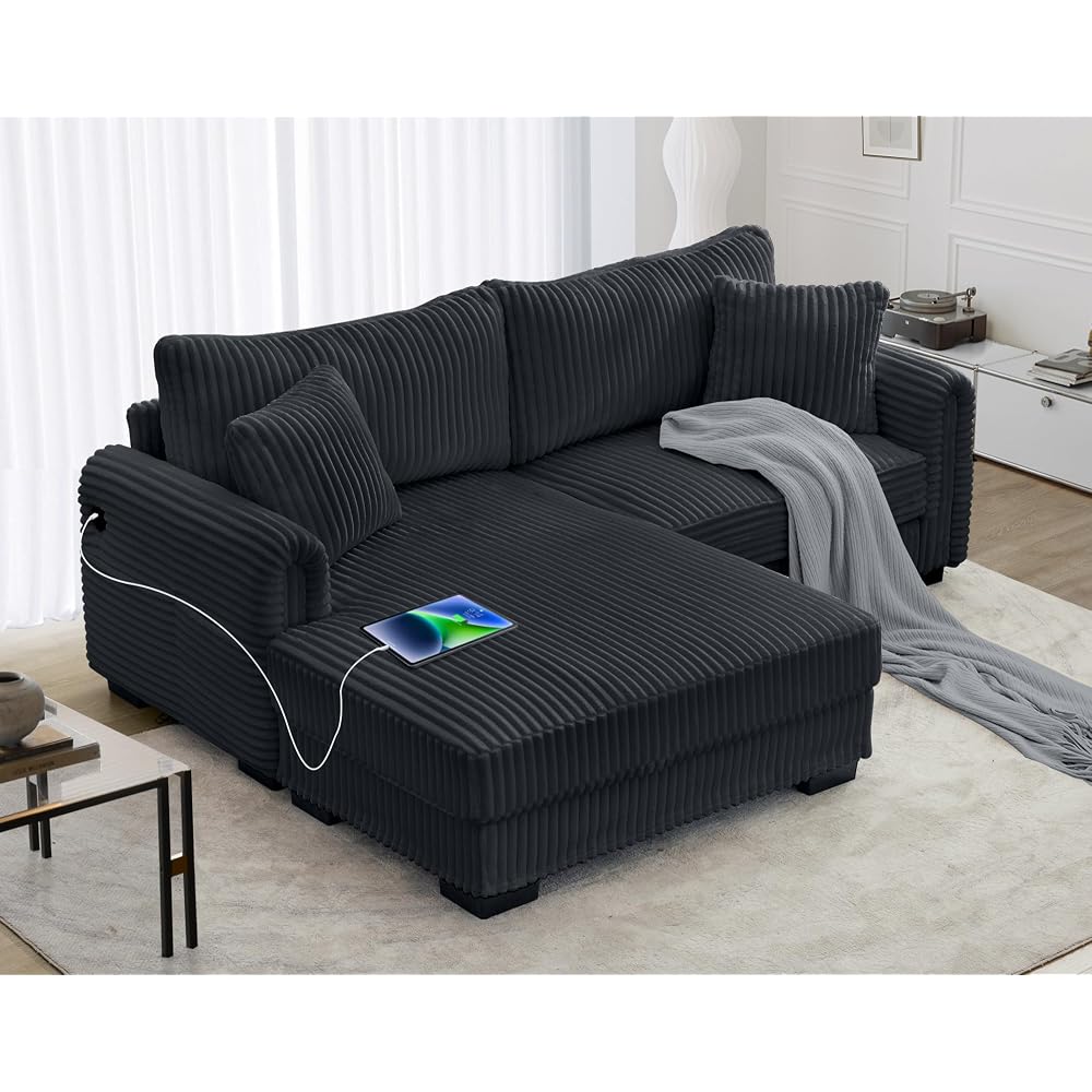 SUNWAVE 84.7" L-Shaped Sofa with Reversible Chaise Corduroy Loveseat Couch